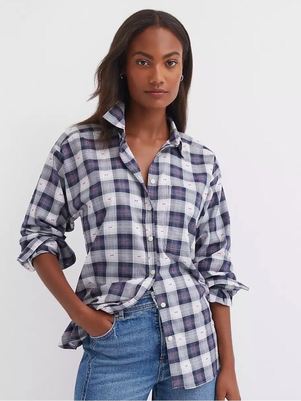 LOFT Clip Plaid Everyday Oversized Pocket Button Down Shirt Size XS